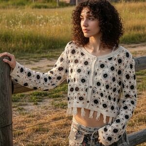 POL Openwork Floral Crochet Granny Knit Cardigan Tassel Fringe Crop Button-up